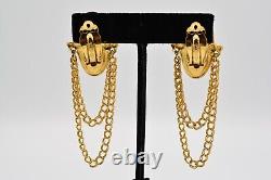 Givenchy Vintage Clip Earrings Chain Pearl Brushed Gold Runway Signed 80s BinAR