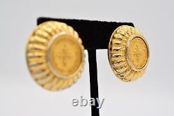 Givenchy Vintage Clip Earrings Coin Logo Brushed Gold Button Runway Signed BinAI