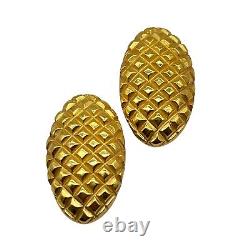 Givenchy Vintage Clip Earrings Gold Chunky Oval Waffle Texture Signed Couture B1