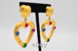 Givenchy Vintage Clip Earrings Heart Cabochon Brushed Gold Runway Signed Bin8