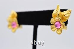 Givenchy Vintage Clip Earrings Pink Cabochon Brushed Gold Flower Signed BinX