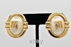 Givenchy Vintage Logo Clip Earrings 4G Gold Pearl Oval Chunky Signed 1980s BinW