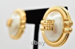 Givenchy Vintage Logo Clip Earrings 4G Gold Pearl Oval Chunky Signed 1980s BinW