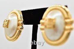 Givenchy Vintage Logo Clip Earrings 4G Gold Pearl Oval Chunky Signed 1980s BinW