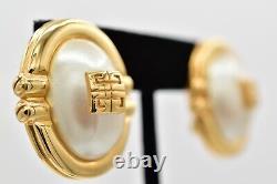 Givenchy Vintage Logo Clip Earrings 4G Gold Pearl Oval Chunky Signed 1980s BinW