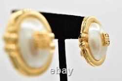 Givenchy Vintage Logo Clip Earrings 4G Gold Pearl Oval Chunky Signed 1980s BinW