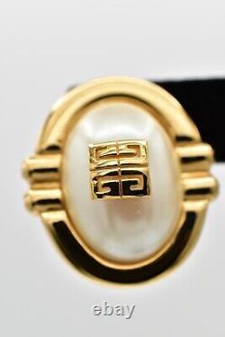 Givenchy Vintage Logo Clip Earrings 4G Gold Pearl Oval Chunky Signed 1980s BinW