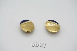 Givenchy Vintage Navy Blue Oval Fan Shell Crystals Glow Oval Clip Earrings, Gold