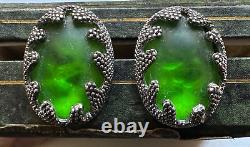 Gorgeous French Vintage Clip-on Earrings Green Glass enchased in Silver claws