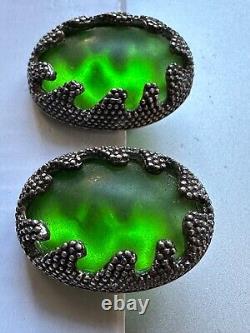 Gorgeous French Vintage Clip-on Earrings Green Glass enchased in Silver claws