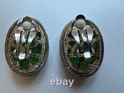 Gorgeous French Vintage Clip-on Earrings Green Glass enchased in Silver claws