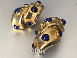 Gorgeous Vintage French Designer Clip-on Earrings w. Blue Glass Cabochons 3.5cm