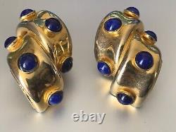 Gorgeous Vintage French Designer Clip-on Earrings w. Blue Glass Cabochons 3.5cm