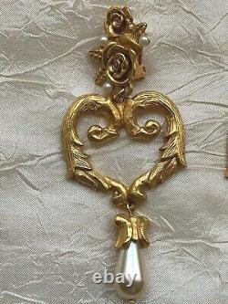 Gorgeous Vintage Ungaro, Paris Clip-on Pendant Earrings -Heart shape, pearl 8cm