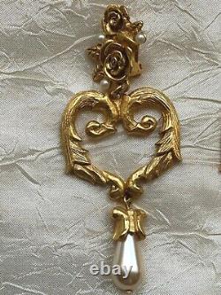 Gorgeous Vintage Ungaro, Paris Clip-on Pendant Earrings -Heart shape, pearl 8cm