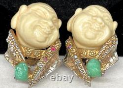 HAR Rare Vintage 1-1/2 Signed Gilt Jeweled Buddha China Man Clip Earrings A25