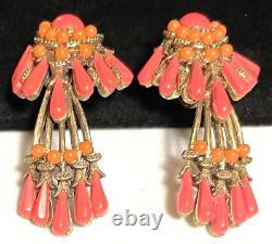 HAR Rare Vintage 2 Gilt Coral Dangle Clip Earrings Signed A25