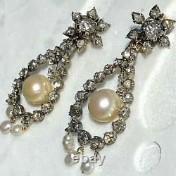 HUGE Antique Victorian Gold Silver Rose-Cut Diamond Natural Pearl Clip Earrings
