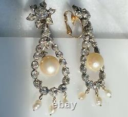HUGE Antique Victorian Gold Silver Rose-Cut Diamond Natural Pearl Clip Earrings