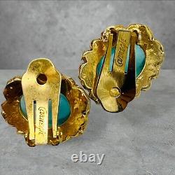 Hattie Carnegie Vintage Signed Oval Blue Cabochon Gold Tone Clip On Earrings