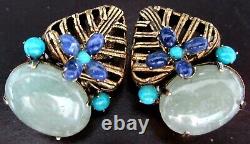 IRADJ MOINI Genuine Lapis Turquoise & Jade Golden Leaf Vintage Clip Earrings