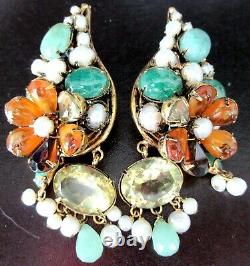 IRADJ MOINI Massive Genuine Stone & Pearl Vintage Clip Earrings