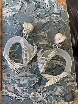 Inna Cytrine Paris Lucite Fish Earrings Clip Rare Vintage 1980's Designer Silver