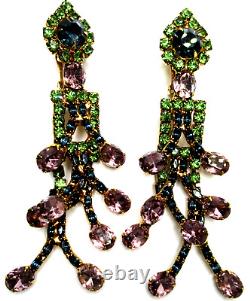 KEN MORRISON 4 Purple Blue & Green Rhinestone Vintage Clip Earrings