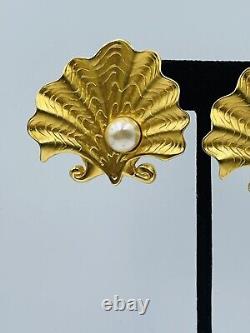 Karl Lagerfeld Paris Vintage Gold Plated Faux Pearl Shell Large Clip Earrings