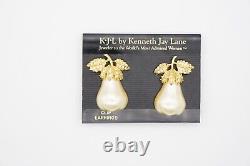 Kenneth Jay Lane KJL Vintage Large Pearl Pear Crystals Leaf Clip Earrings, Gold