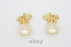 Kenneth Jay Lane KJL Vintage Large Pearl Pear Crystals Leaf Clip Earrings, Gold