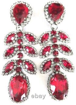 LAWRENCE VRBA Amazing & HUGE Ravishing Red Rhinestone Vintage Clip Earrings