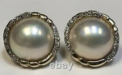 Large Vintage 14k Yellow Gold Mother Of Pearl & Diamond Clip Back Earrings