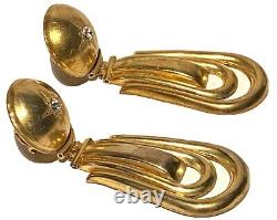 Large Vintage Gold Tone Crystal Repoussé Dangle Clip Statement Earrings