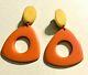 Large Vintage Orange & Butterscotch Bakelite Clip Dangle Earrings MOD geometric