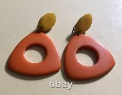 Large Vintage Orange & Butterscotch Bakelite Clip Dangle Earrings MOD geometric