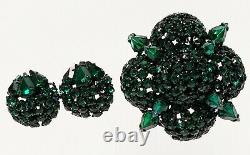 Large Vintage WARNER Green Domed Rhinestone Brooch & Clip Earrings Japanned Set