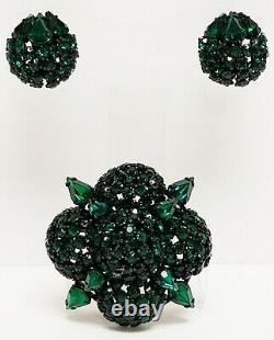Large Vintage WARNER Green Domed Rhinestone Brooch & Clip Earrings Japanned Set