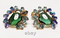 Large Vintage WEISS Gammatic Green & Blue AB Rhinestone Clip Earrings 1 1/4 x 1
