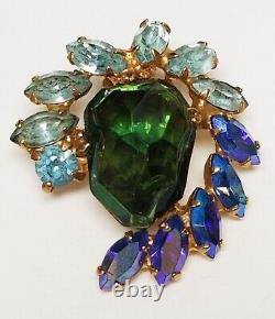 Large Vintage WEISS Gammatic Green & Blue AB Rhinestone Clip Earrings 1 1/4 x 1