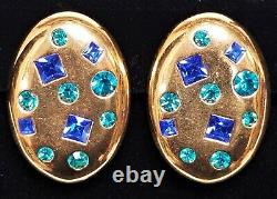 Large Vintage YSL Yves Saint Laurent Blue Rhinestone Adjustable Clip Earrings