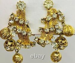 Look New! Vintage Hobe Gold Tone Rhinestone Bead Dangle Clip Earrings