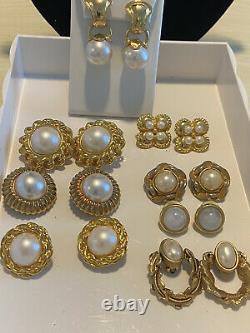 Lot Vintage Gold Tone Pearl Enamel cabachon Earrings Clip