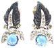 MAZER Blue Carved Glass Leaves & Rhinestone Vintage Clip Earrings