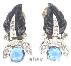 MAZER Blue Carved Glass Leaves & Rhinestone Vintage Clip Earrings