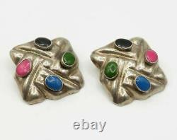 MEXICO 925 Silver Vintage Multi Color Gemstone Clip On Earrings E2086