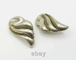 MEXICO 925 Silver Vintage Rope Pattern 2-Tone Cloudy Clip On Earrings E2507