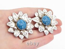 MEXICO 925 Silver Vintage Turquoise Flower Non Pierce Clip On Earrings- EG2243