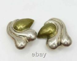 MEXICO 925 Sterling Silver Vintage 2-Tone Puffy Clip On Earrings E1756