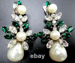 MIMI Di N Gorgeous Green & Ice Rhinestone Faux Pearl Vintage Clip Earrings